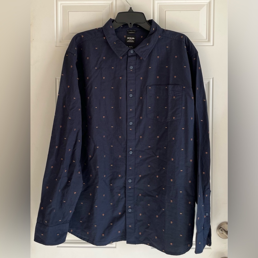 Prana‎ Men’s Shirt XL Mountain Drift Navy Blue All Over Print Button Up Outdoor